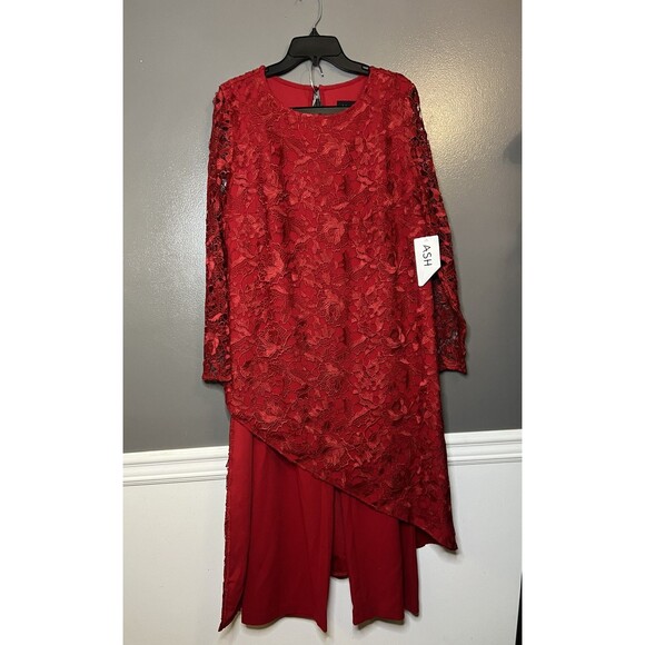Ashro Dress Pants Set Womens 16 Red Lace Overlay Long Sleeve Elegant Formal - Picture 1 of 14